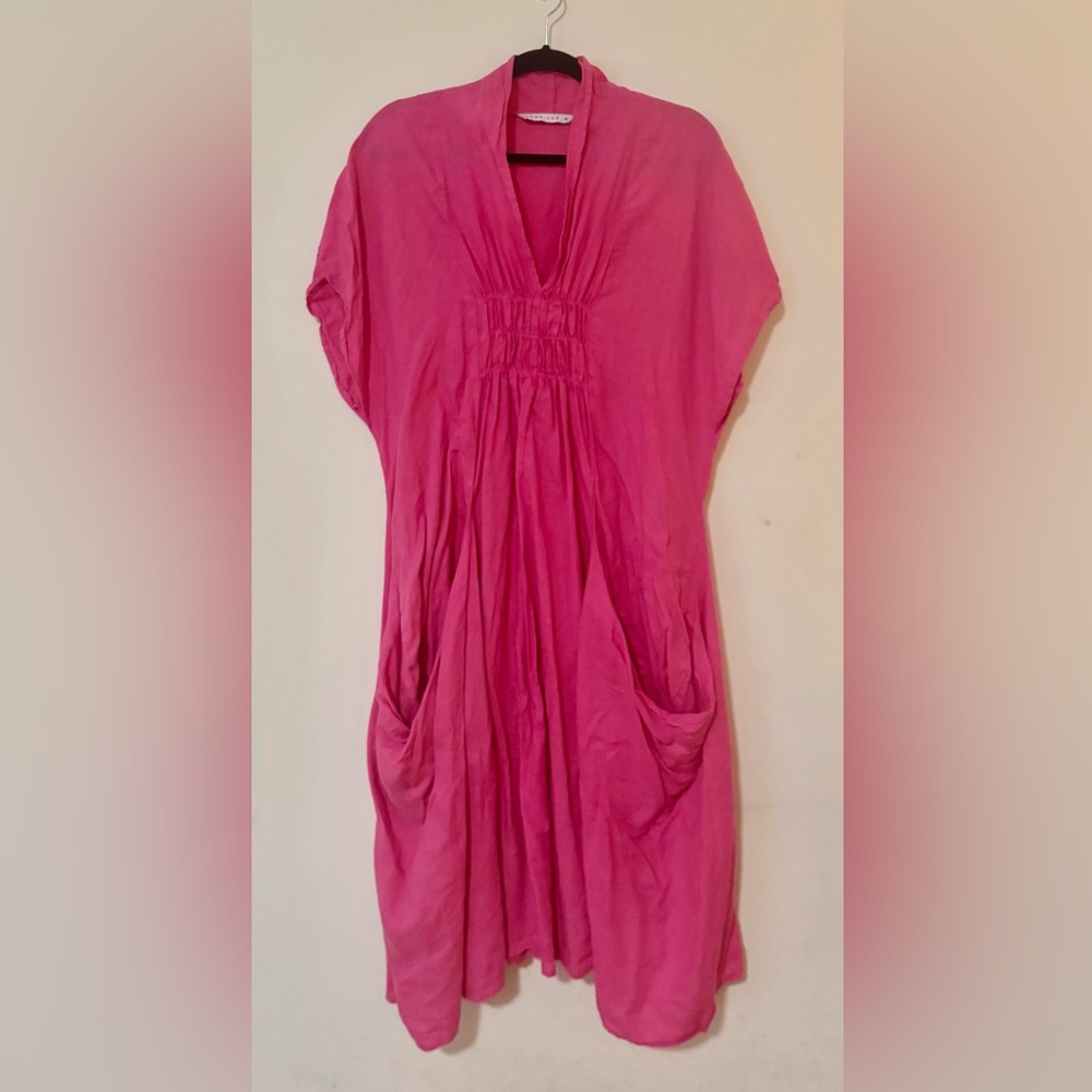Luna Luz  Sleeveless Tank Linen Dress with big slouch pockets -Pink